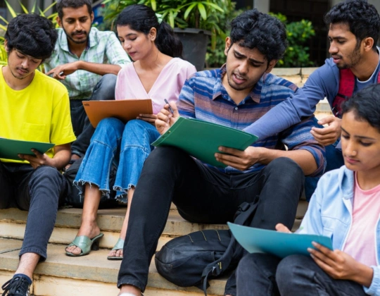 Young people gathered on steps, engaged in studying their entrance papers for pursuing education abroad.